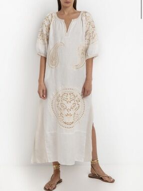 Rhea Costa White Maxi Dress with Gold Embroidery